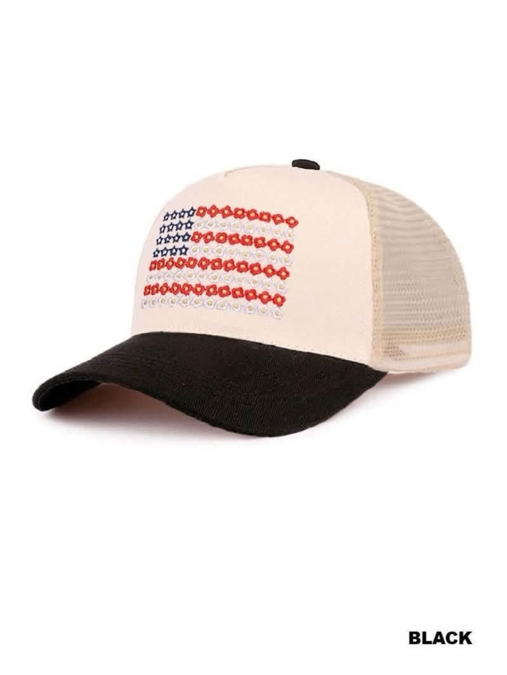 Zenana Black Brim Trucker Hat with Floral Flag